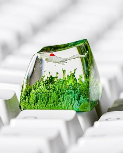 Kohaku Koi Fish Artisan Keycap Green Ocean Coral Reef R1 SA Profile Custom Keycaps 1U ESC Handmade Gaming Resin Key Cap Cherry MX Switch Compatible Mechanical Keyboard Koi Lover Gift