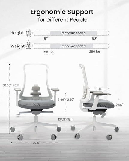 ProtoArc Ergonomic Office Chair - Flexer Pro Mesh Desk Chair with Lumbar Support, Slide Seat & 4D Armrests, Breathable Mesh from Wintex, Tilt Lock, Metal Base | for Home & Computer Work - White