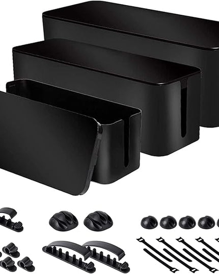 Cable Organizer Box Set of Three, Power Cover Cord Holder Surge Protector for Desk (Black)