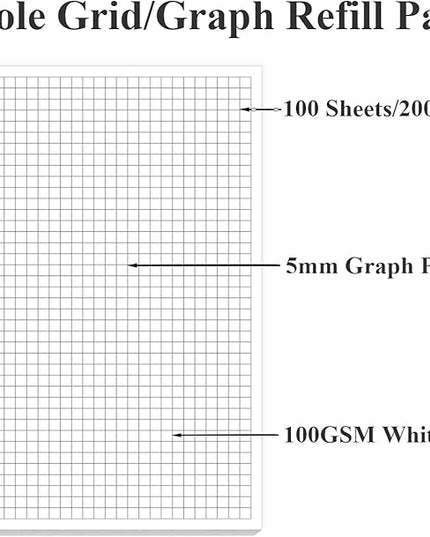 A5 Grid Refill Paper, 6-Hole Graph Paper, 100Sheets / 200Pages Loose-Leaf Grid Paper, 100gsm White Paper, 5.8" x 8.3 "