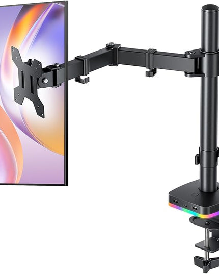 RGB Single Monitor Stand, Monitor Arm with 3 USB Ports, Charging and USB Data Transfer Function, Adjustable Desk Mount for 13"-27" Monitors up to 17.6lbs, VESA 75x75mm 100x100mm, Ergonomic Design
