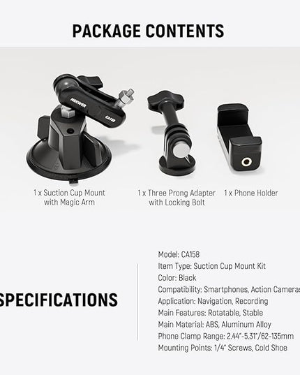 NEEWER Suction Cup Phone Holder & Camera Mount Compatible With GoPro DJI Insta360 iPhone, Car Phone Mount with Action Camera Adapter 360° Magic Arm for POV Windshield Glass Vlog Video Recording, CA158