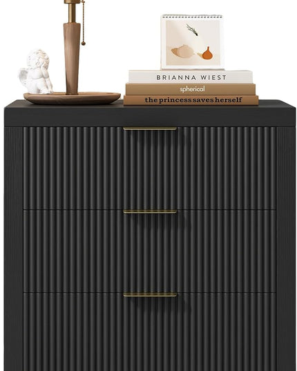 LSKTGA 3 Drawer Dresser, Chest of Drawers Organizer with Waveform Panel, Large Fluted Dresser with Wide Drawers and Golden Handles, Wood Storage for Bedroom, Hallway, Entryway, Black