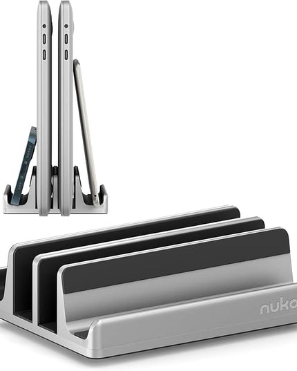 Vertical Laptop Stand - SPACEMax Adjustable GRIPLock Anti-Tip Silicone 4 Slots Aluminum Desktop Holder - Double Dock Stand - 2 Phone Slots Fits Up to 17.3” Laptops, Tablets, Phones - Silver