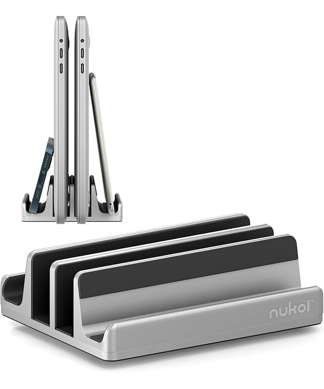 Vertical Laptop Stand - SPACEMax Adjustable GRIPLock Anti-Tip Silicone 4 Slots Aluminum Desktop Holder - Double Dock Stand - 2 Phone Slots Fits Up to 17.3” Laptops, Tablets, Phones - Silver