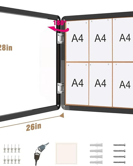 Mifuro 28"x26" Enclosed Bulletin Board, Lockable Weather-Resistant Aluminum Cork Noticeboard for School & Office, Black Frame w/Cork
