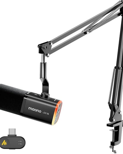 MAONO PD100WS Wireless Gaming Microphone for PC, Dynamic Streaming USB Mic with 3 Level Noise Cancelling,RGB,Mute Button, Software EQ,Computer Boom Mic for Podcast, Vocal Recording, Black