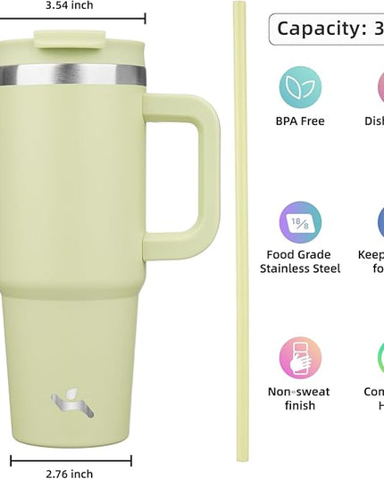 30 oz Tumbler with Handle and 2 Straws,2 in 1 Lid Insulated Water Bottle Stainless Steel Travel Coffee Mug,Macaron Green