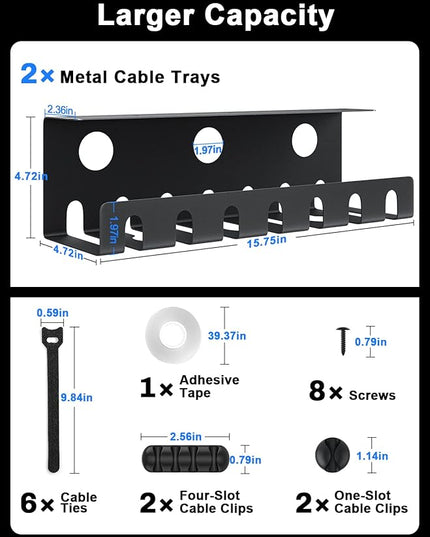 Delamu 2 Pack Metal Under Desk Cable Management Tray, U Channel Cord Organizer Box, Office Under Desk Cord Organizers, Cable Management with Various Accessories, Black, 15.75 Inches