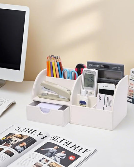 KINGFOM Pu Leather Desk Organizer Pen Pencil Holder Office Supplies Caddy Storage Box 6 Compartments with Drawer White (Full Pu Leather)