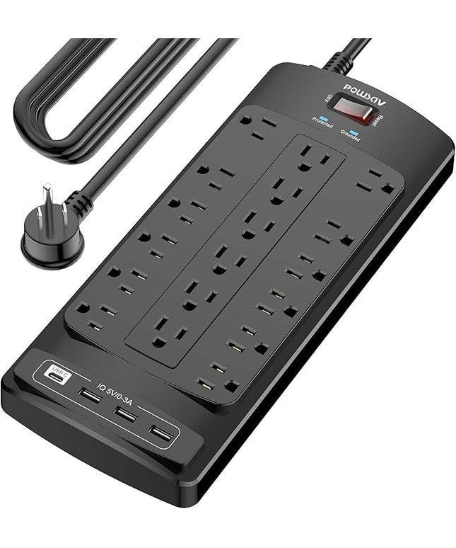 18 Outlets Surge Protector Power Strip - 20 Feet Flat Plug Heavy Duty Extension Cord with 18 Widely Outlets and 4 USB Ports, 2100 Joules, Black, ETL Listed
