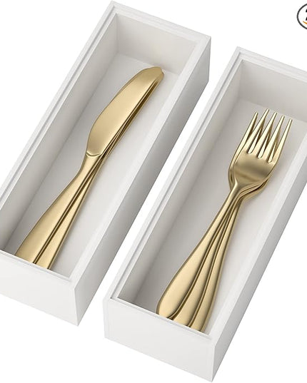 Utensil Organizer Silverware Drawer Organizer - Set of 2, Stackable Kitchen Organization, Bamboo Storage Box Tray for Kitchen Gadgets Bathroom Countertop (White)