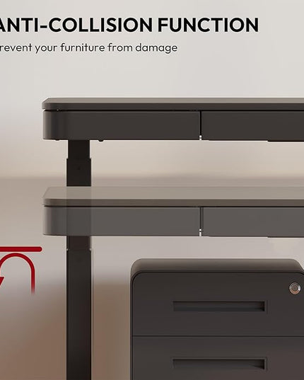 SANODESK Standing Desk with Drawer, Electric Height Adjustable Home Office Desk with Storage & USB Ports, 48 inch Black Wood Tabletop/White Frame