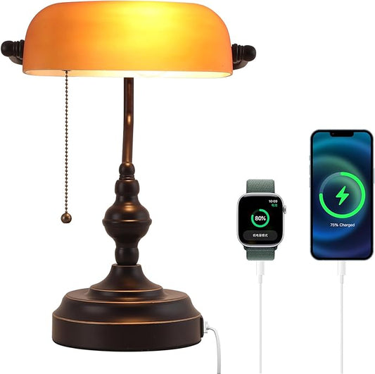 Bankers Desk Lamp with Pull Chain Switch, Vintage Banker's Desk Lamp with USB A and Type C Charging Port, Library Lamp for Office Study Room, Amber Glass Bronze Desk Lamps
