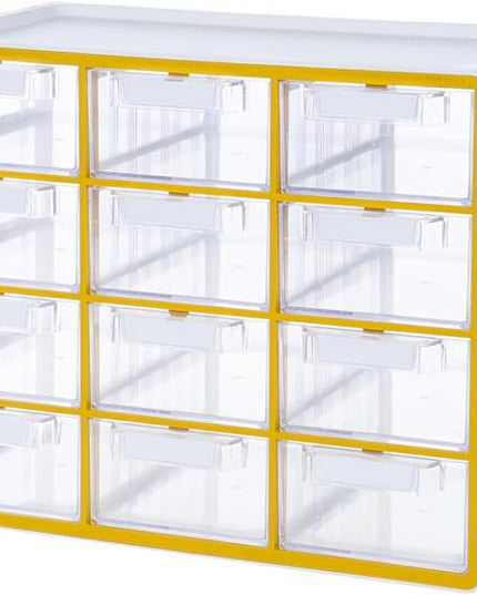 Blue Ginkgo Large 12-Drawer Cabinet – Stackable Clear Organizer for Hardware, Beads, Plastic Bricks, Office, and Craft Storage (Made in Korea, Yellow)