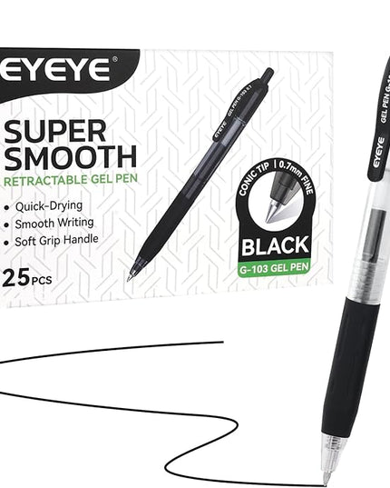 EYEYE G-103 Retractable Gel Pens Black 0.7mm, 25 Pack Medium Point Gel Ink Pens Quick Drying, 0.7 mm Fine Piont Ballpoint Pen Smooth Writing for Office School Supplies