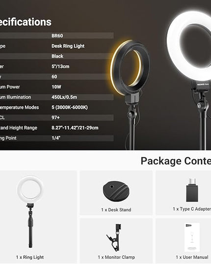 NEEWER Basics 5" LED Desktop Ring Light with Stand, Monitor Clamp, 10W, Compatible with iPhone Desk Computer Laptop Webcam Phone for Selfie Makeup Recording Zoom Video Conference Lighting, Black BR60