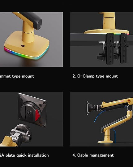NB Gaming Monitor Arm or for 32 to 60 Inches Screen, Load up to 20 kg, VESA 75/100, RGB-Light, Heavy Duty, Multi Angle Adjustable, Premium Aluminum, Yellow