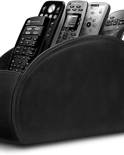 Leather Remote Control Holder with 5 Compartments TV Remote Caddy Storage Box/Tray,Desktop Organizer Store Controller,Glasses,Brush,Media Player,Pen,Space Saver for Bedside Table/Office Desk(Black)