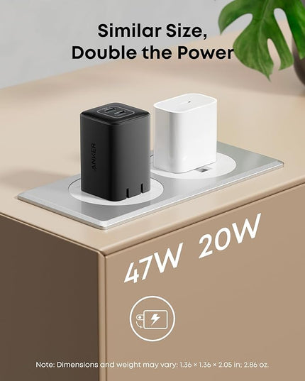 Anker Nano 47W USB C Charger, 2 Port Compact Foldable GaN Charger for iPhone 17 / 16, Galaxy, Pixel, Compatible with MagSafe (Black)