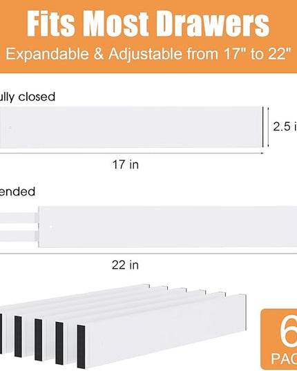 Bamboo Drawer Dividers,17-22" Adjustable Kitchen Drawer Organizer for Clothes,6 Pack Expandable Drawer Organization Separators for Bedroom,Bathroom,Dresser and Office,White