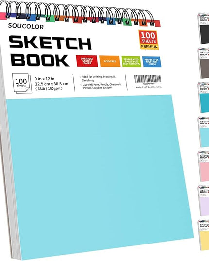 Soucolor 9" x 12" Spiral Bound Blank Sketch Notebook Journal Book- 1-Pack 100 Sheets Acid-Free 68lb/100gsm Paper, Art Sketchbook for Painting, Doodling, Journaling, Kids, Students, Adults, Beginners