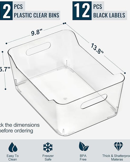 12 PACK Multi-Use Clear Plastic Storage Bins for Organizing w/ Labels - Home, Kitchen, Pantry, Bathroom, Office, Cabinet Shelf Organizer Bins - SOHO Collection, RV, Fridge Organization Containers -XXL