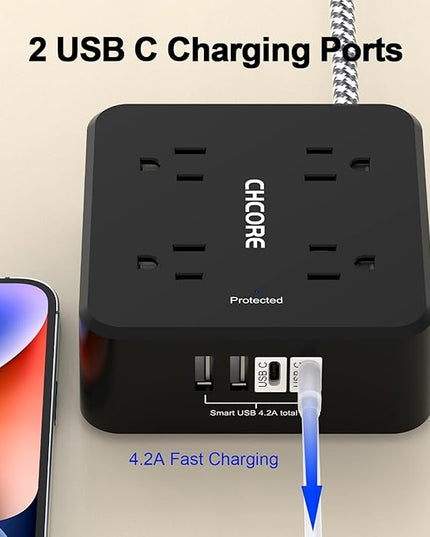 Surge Protector Power Strip - CHCORE 20Ft Braided Extension Cord with 8 Outlets with 4 USB (2 USB C) Charging Ports, Flat Plug Multi Plug Outlet Extender Charging Station for Home Office, ETL, Black