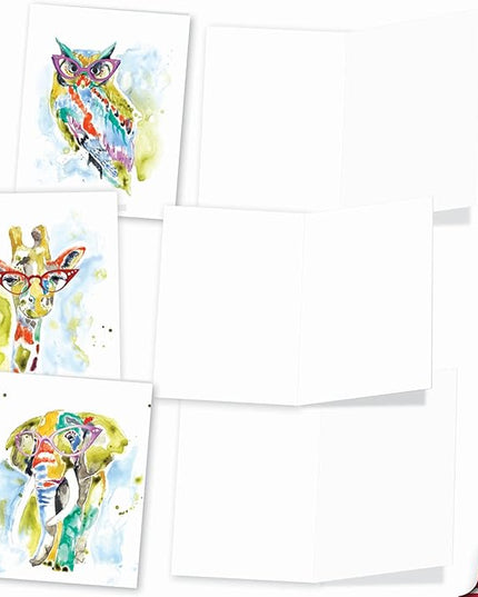 The Best Card Company - 10 Watercolor Blank Cards with Envelopes (4 x 5.12 Inch) Cute Animals, All Occasion Note Cards - Rainbow Splash Animals AM6137OCB-B1x10-NB