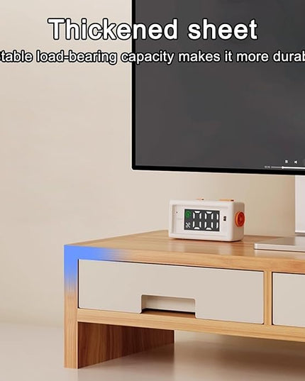 Desk Monitor Stand Riser, Double Drawer Ergonomic Organizer, Computer Desk Riser for Monitors and Accessories, Durable Wood Material, Family Friends Home Offices Indoor Study Bedroom Room Workstation