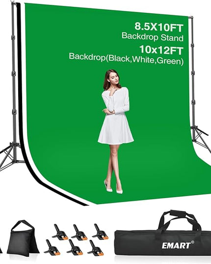 EMART 8.5x10ft Green Screen Backdrop Kit with Sand Bag, Photography Background Support System with 10x12ft Polyester Backdrop(Black/White/Green) for Photography, Parties, Wedding, Video Shooting