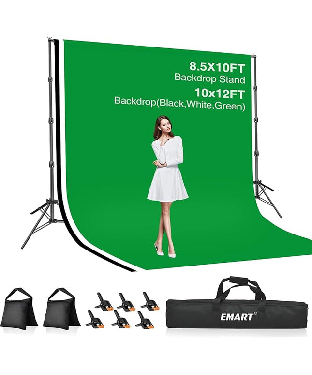 EMART 8.5x10ft Green Screen Backdrop Kit with Sand Bag, Photography Background Support System with 10x12ft Polyester Backdrop(Black/White/Green) for Photography, Parties, Wedding, Video Shooting