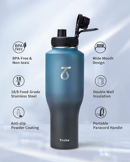 Trebo 40 oz Water Bottle Insulated Fit in Any Car Cup Holder,Triple Wall Vacuum Insulated Water Bottle (Cold for 48 Hrs, Hot for 24 Hrs),Leakproof Stainless Steel Tumbler Flask with Paracord Handle