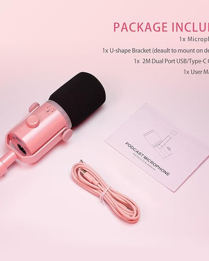 FEELWORLD PM1 XLR USB Dynamic Microphone Gifts for Podcast Recording PC Computer Gaming Live Streaming Vocal Voice-Over, Studio Metal Mic with RGB Light, Mute Button, Headphones Jack (Pink)