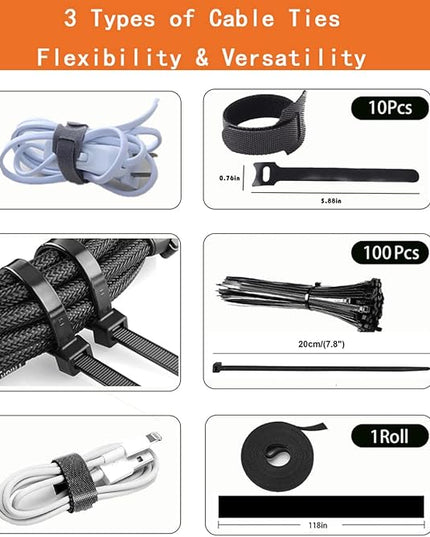 319pcs Cable Management Organizer Kit, Desk Cord Organizer, 98 Adhesive Cable Clips Holder, 17 Reusable Cable Strap, 4 Cable Sleeve Split, and 200 Nylon Cable Zip Ties (Black)