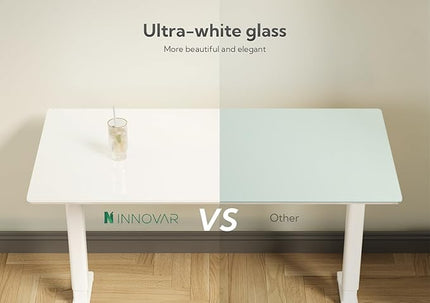 INNOVAR Glass Standing Desk with Drawers, 55×24 Inch Adjustable Stand Up Desk Quick Install Home Office Computer Desk, White
