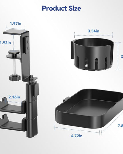 KDD Desk Cup Holder with 2 Headphone Hook - Rotating Pencil Holder & Detachable Drawer Tray - Clamp on Under Desk Headphone Holder Hidden Storage for Office School Home Accessories