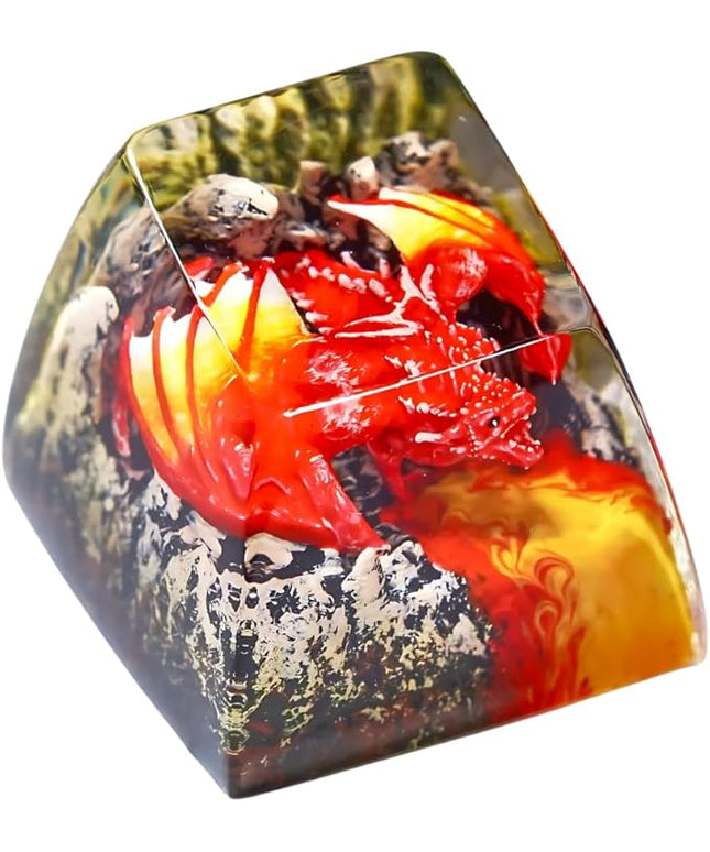 Red Dragon with Volcano Fantasy Artisan Keycap R1 SA Profile Custom Cool Dragon Keycaps 1U ESC Handmade Gaming Resin Key Cap Cherry MX Switch Compatible Mechanical Keyboard Dragon Lover Gift