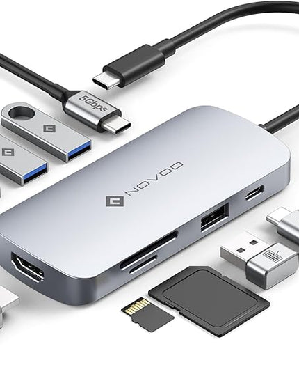 USB C Hub, 9 in 1 USB C Multiport Adapter with 4K@60Hz HDMI, 5 USB Ports, 100W PD, SD/TF USB C Adapter, USB C to HDMI Adapter, USB C Dock for MacBook Pro/Air, HP, DELL, Lenovo, ASUS Laptops NOVOO