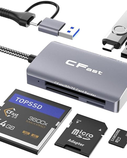 CFast Card Reader, 5 in 2 CFast 2.0 SD/TF Memory Card Reader, 5Gbps PD/USB 3.2 Gen 1 Adapter with USB C/USB A Cable Compatible with Windows/Mac/Linux/Android (5 in 2)
