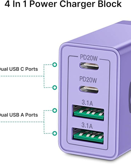 USB C Wall Charger Block 2-Pack, Aiminu 40W 4-Port PD Power Delivery Fast Type C Charging Block Plug Adapter for iPhone 15/14/13/12/11/Pro Max, XS/XR/X, iPad, Samsung, Android Phones Charger Cube