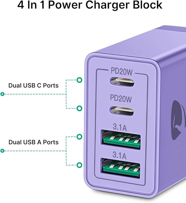 USB C Wall Charger Block 2-Pack, Aiminu 40W 4-Port PD Power Delivery Fast Type C Charging Block Plug Adapter for iPhone 15/14/13/12/11/Pro Max, XS/XR/X, iPad, Samsung, Android Phones Charger Cube