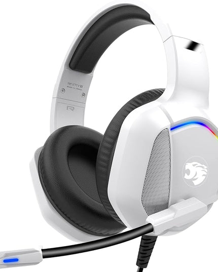 Gaming Headset with Microphone for Pc, Xbox One Series X/s, Ps4, Ps5, Switch, Stereo Wired Noise Cancelling Over-Ear Headphones with Mic, RGB, for Computer, Laptop, Mac, Nintendo, Gamer (White)