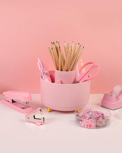 SKYDUE Pink Office Supplies Set, Pencil Holder for Desk,Gel Pen, Stapler, Tape Dispenser, Scissors,Clips and 1000pcs Staples, Office Decor for Women, Pink Desk Accessories