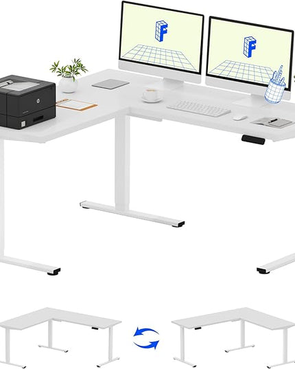 FLEXISPOT L Shaped Standing Desk, 63 x 55 Inch Electric Height Adjustable Corner Desk, Sit Stand Computer Workstation, Preset Controller, Home Office, White Frame with White Top