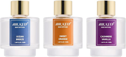 Airkeep Reed Diffuser Set of 3, Ocean Breeze Sweet Orange Cashmere Vanilla Oil Reed Diffusers for Bedroom Living Room Office Aromatherapy Oil Reed Diffuser for Gift 50ml x 3
