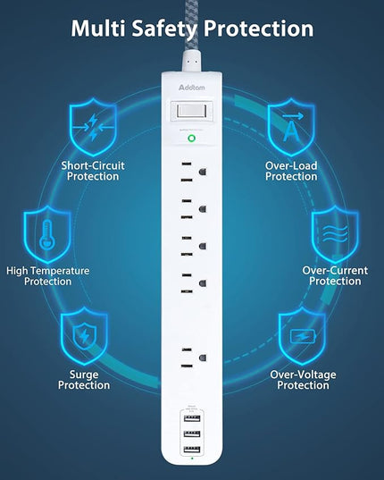 2 Pack Power Strip Surge Protector - 5 Widely Spaced Outlets 3 USB Charging Ports, 1875W/15A with 5Ft Braided Extension Cord, Flat Plug, Overload Surge Protection, Wall Mount for Home Office,White