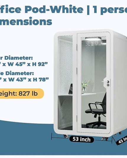Solo Office Pod, Sound Pod, Mobile Office Pod Booth, SoundProof Booth for Home, Privacy pod, Mobile Roller with Desk, LED Light, Centrifugal Fans and AC USB Ports - White