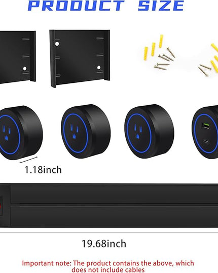 TIANDGP Track Outlet; Removable Electrical Outlet Track System, 19.68 inch Power Track 8000w, 3 AC Outlet adapters 1875W,USB-C PD 20W Supercharging for Home Kitchen, Living Room, Office- Black