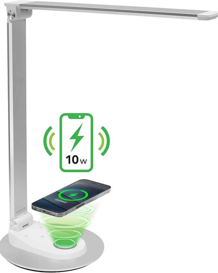 Mount-It! LED Desk Lamp with Wireless Charger and USB-C Charging Port, Dimmable Desk Lamp with 25 Brightness and Color Modes, for Home or Office, Adjustable Arm, Silver/White